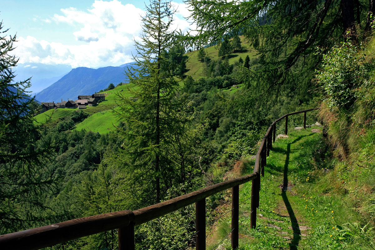 fotografia con prati, sentieri, montagne e case